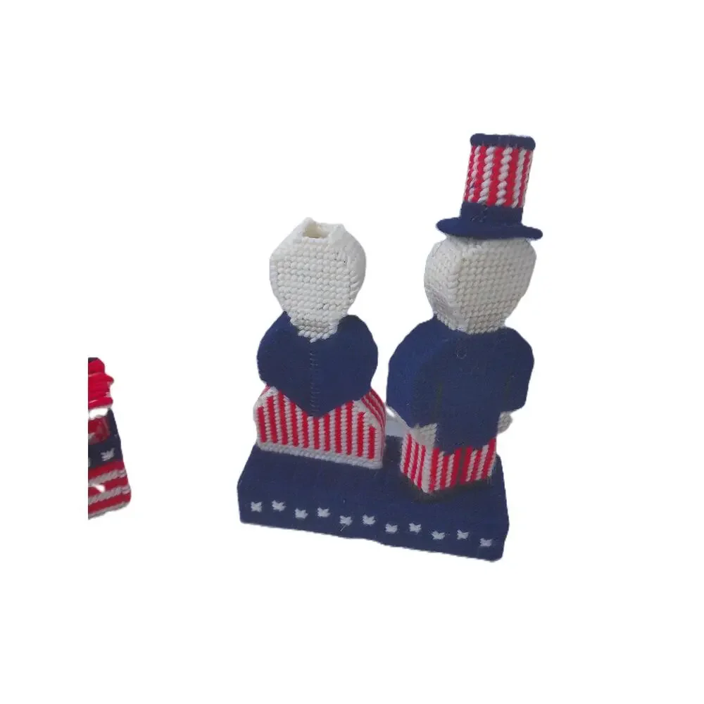 Vintage Canvas Needlepoint Patriotic Table Decor Coasters Napkin Rings Uncle Sam